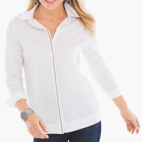 Chicos 2 Embellished Trim Rhinestone Optic White Blouse Large - Picture 1 of 9